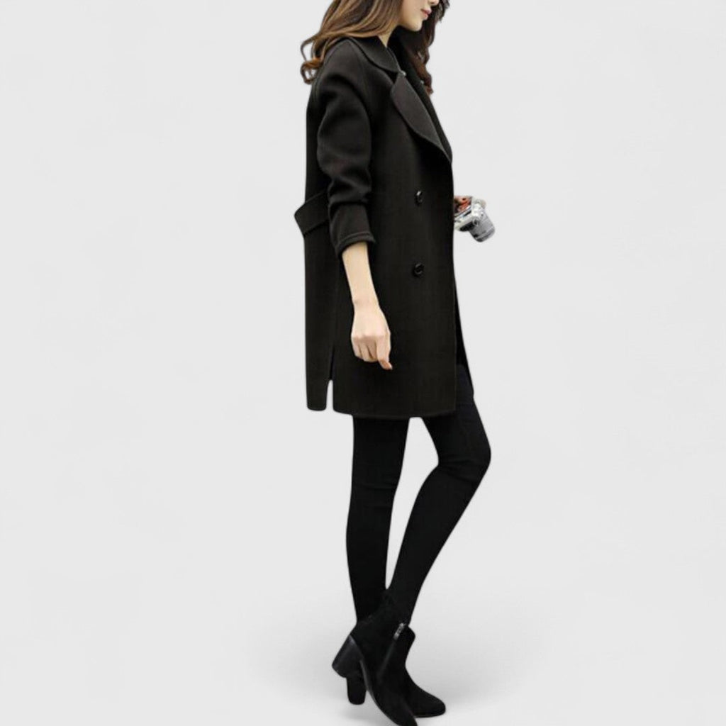 Women's Longline Double-Breasted Coat with Wide Lapels
