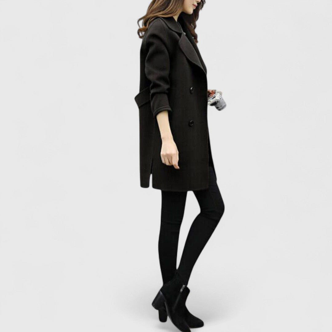 Women's Longline Double-Breasted Coat with Wide Lapels