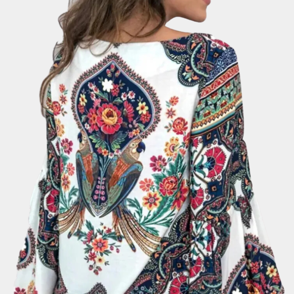 Phoebe Langtree | Bohemian Floral Print Blouse With Keyhole Neckline
