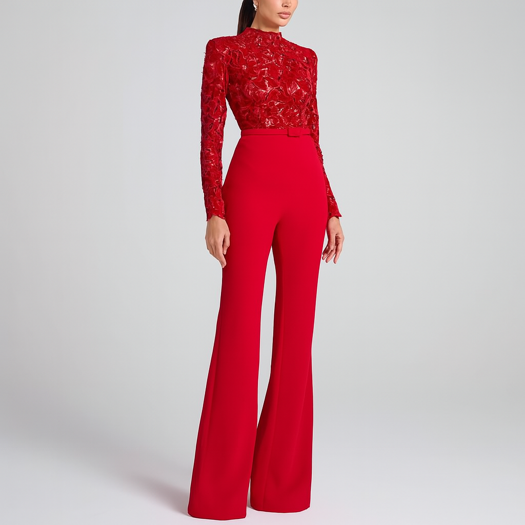 Ottilie Fanshawe | Belted Lace-Top Flared Jumpsuit