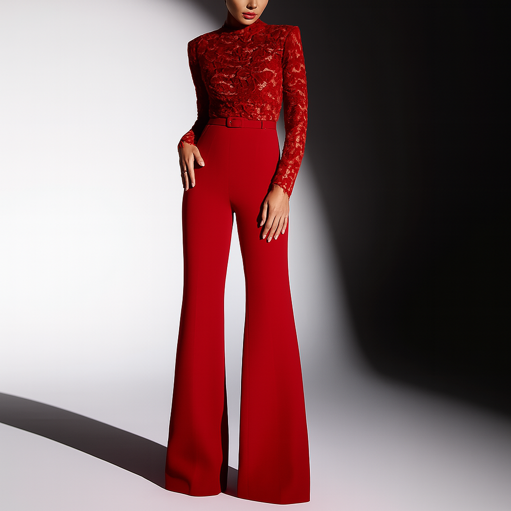 Ottilie Fanshawe | Belted Lace-Top Flared Jumpsuit