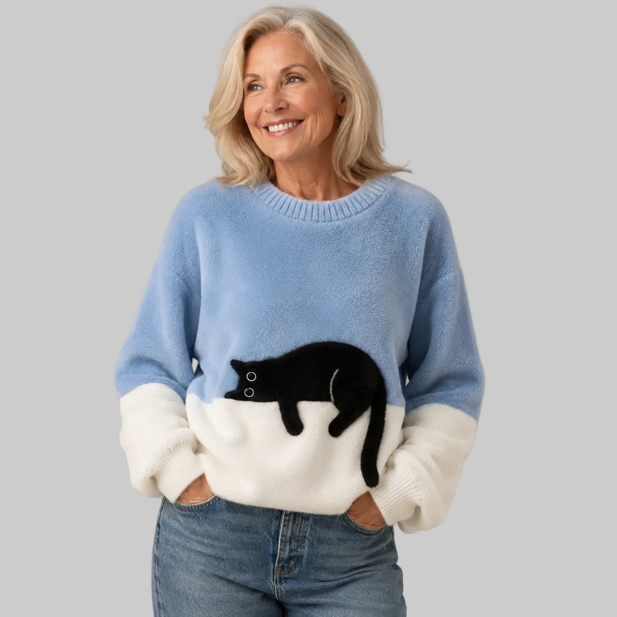 Women's Oversized Cat Print Crew Neck Jumper