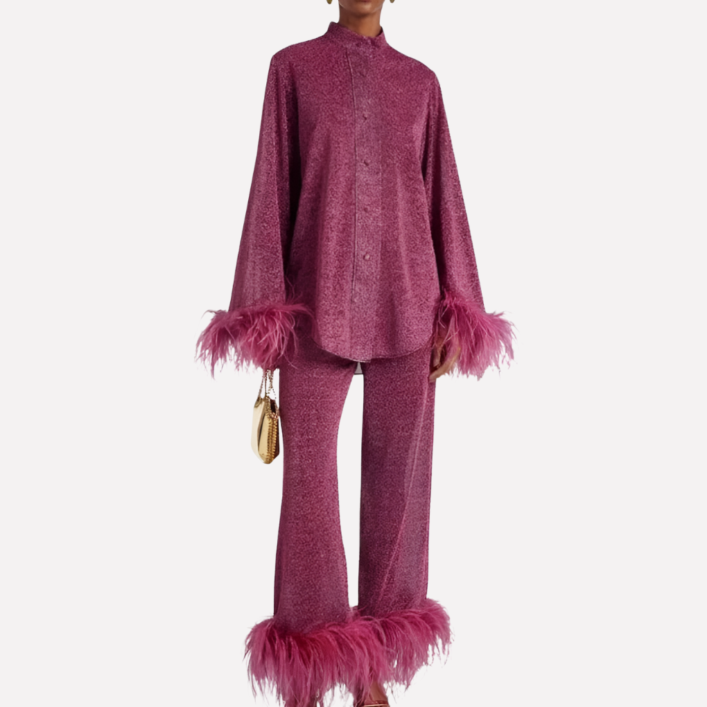 Constance Hartley | Feather-Trim Two-Piece Set With Metallic Shine