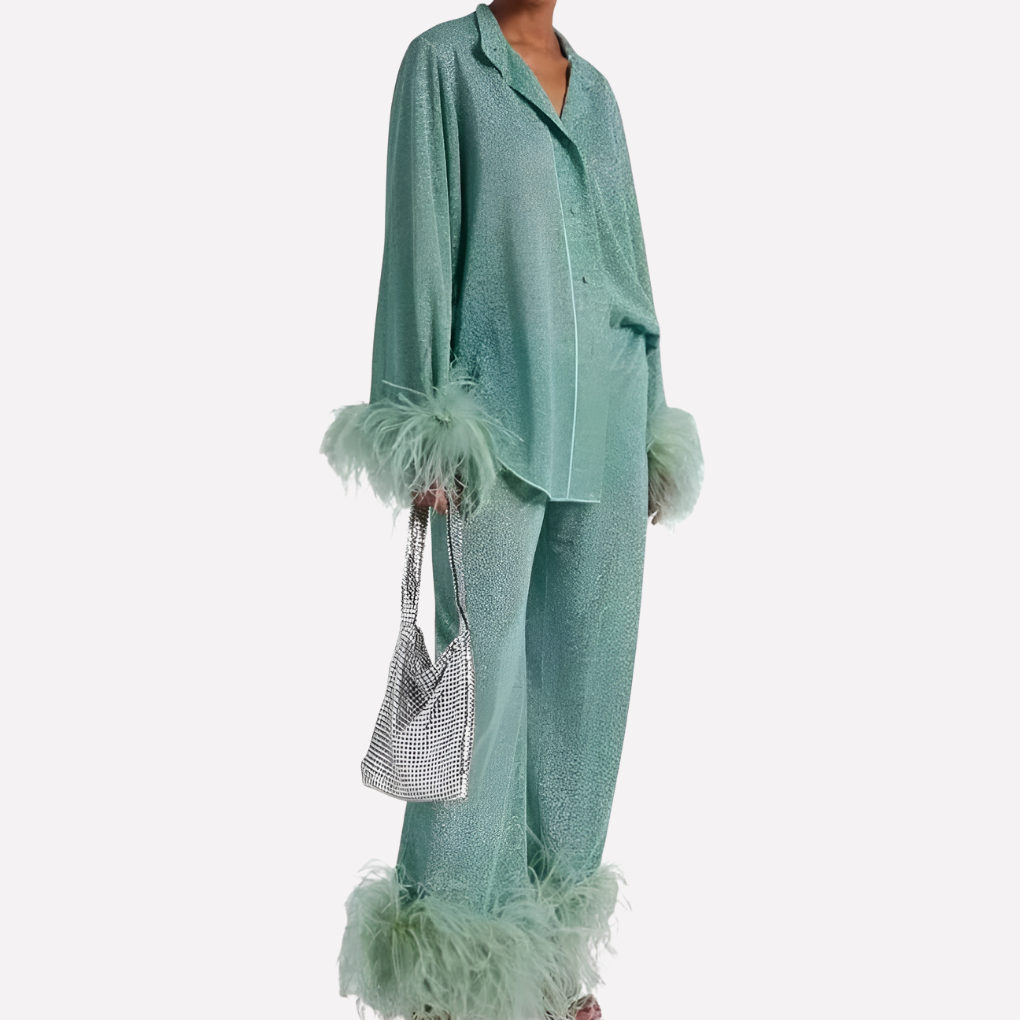 Constance Hartley | Feather-Trim Two-Piece Set With Metallic Shine