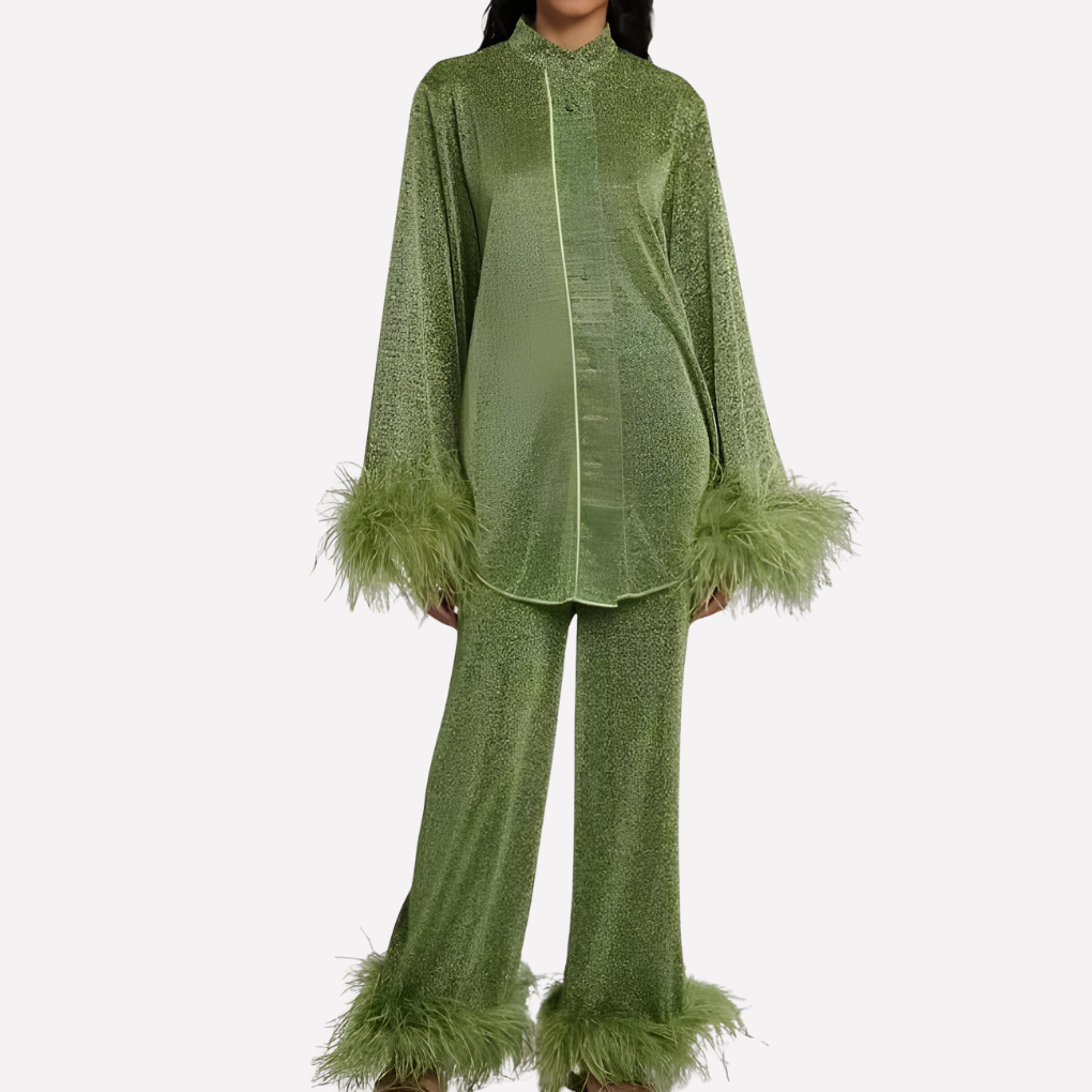 Constance Hartley | Feather-Trim Two-Piece Set With Metallic Shine