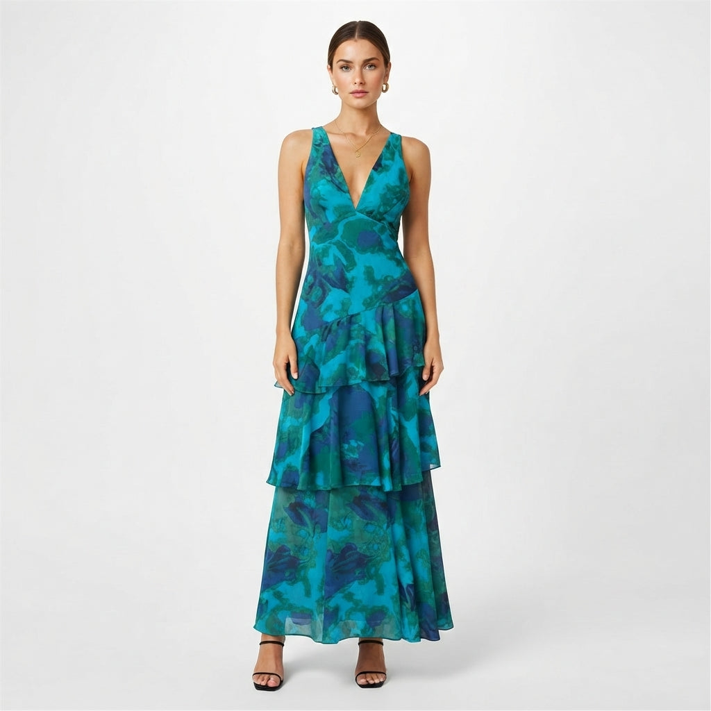 Clara Whitfield | Floral Tiered Maxi Dress With V-Neck