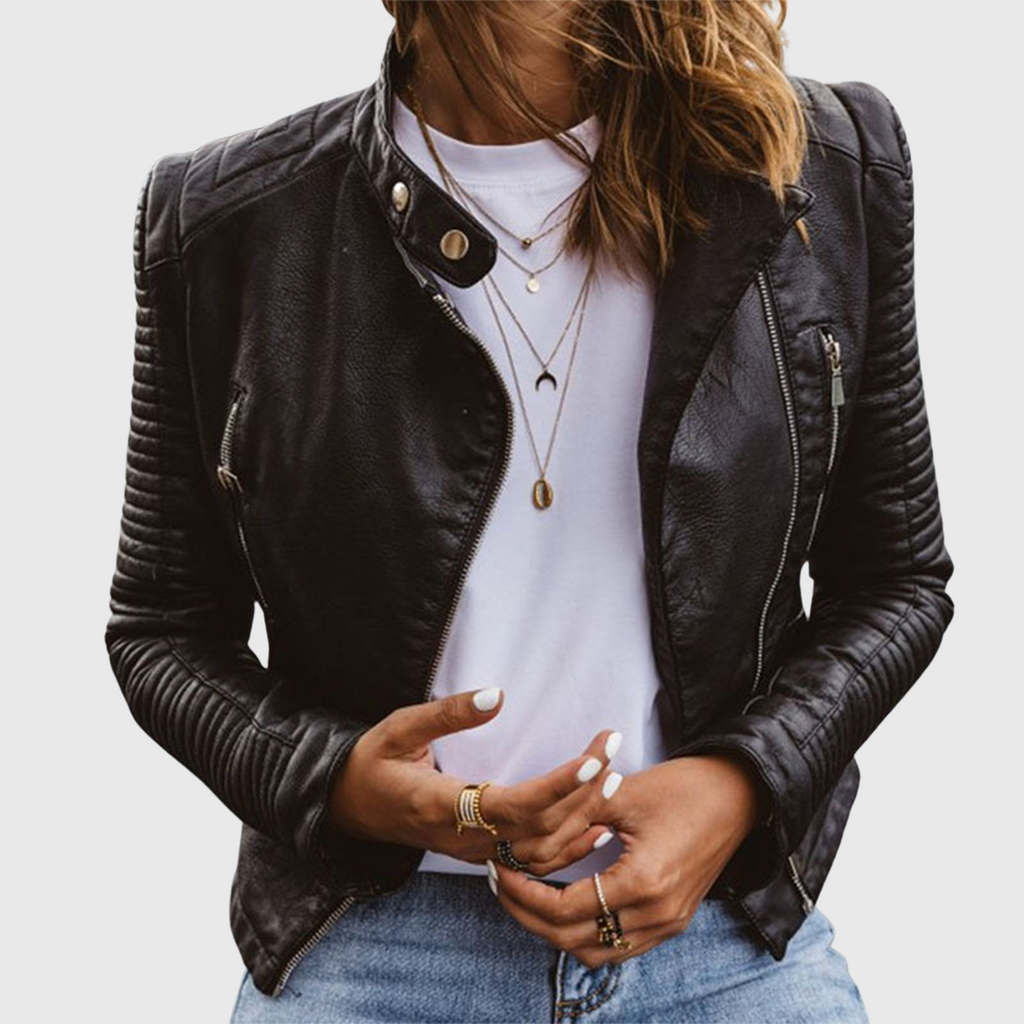 Women's Genuine Leather Biker Jacket with Tailored Fit and Zip Pockets