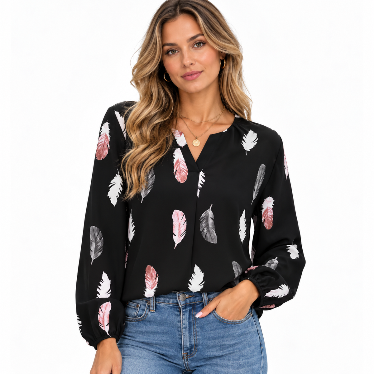 Daisy Fairweather | Feather Print Blouse With Billowed Sleeves