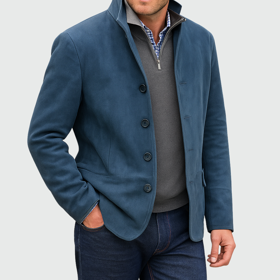 Men's Classic Suede-Effect Button Jacket - Blu