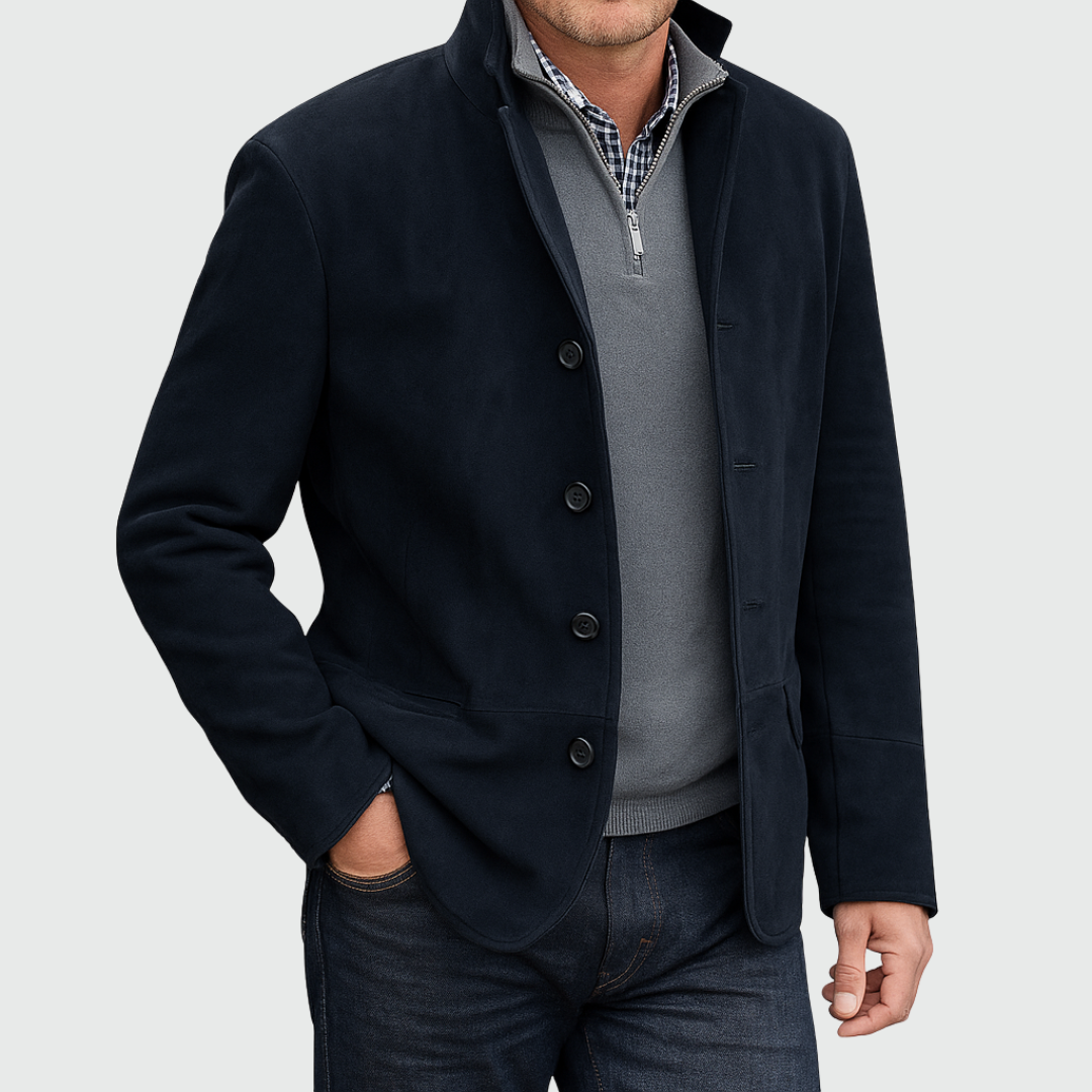 Men's Classic Suede-Effect Button Jacket - Blu navy