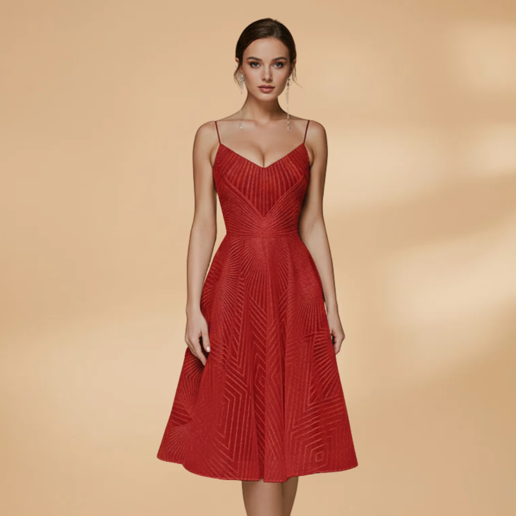 Eloise Fairweather | Red Textured Cocktail Dress With Open Back