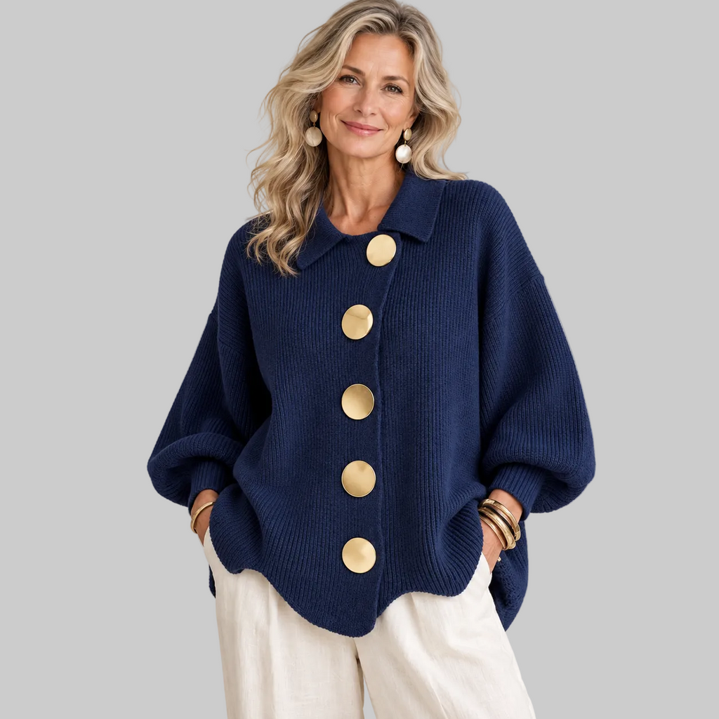 Women's Oversized Collared Knitted Cardigan with Large Buttons