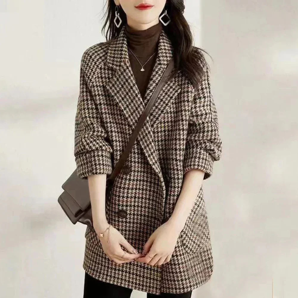Clemency Hartwell | Houndstooth Pea Coat With Double-Breasted Design