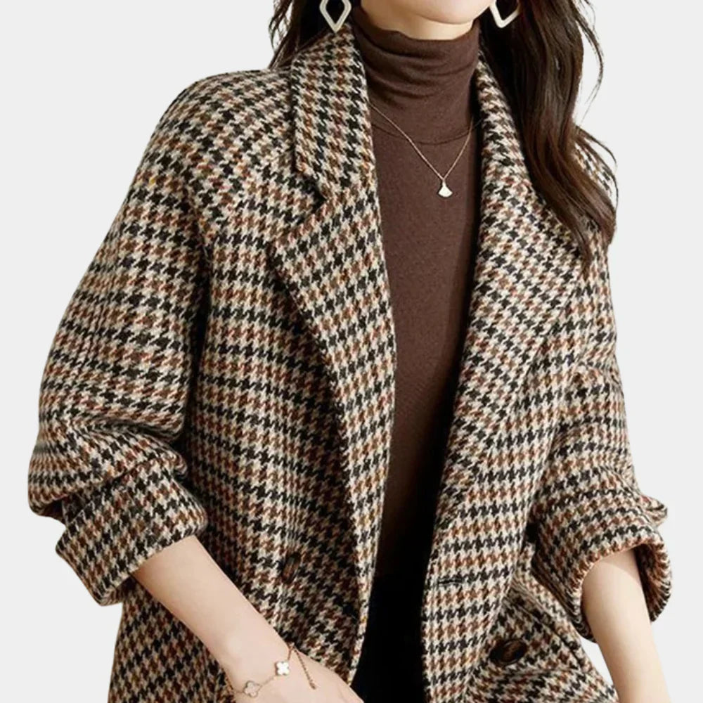 Clemency Hartwell | Houndstooth Pea Coat With Double-Breasted Design