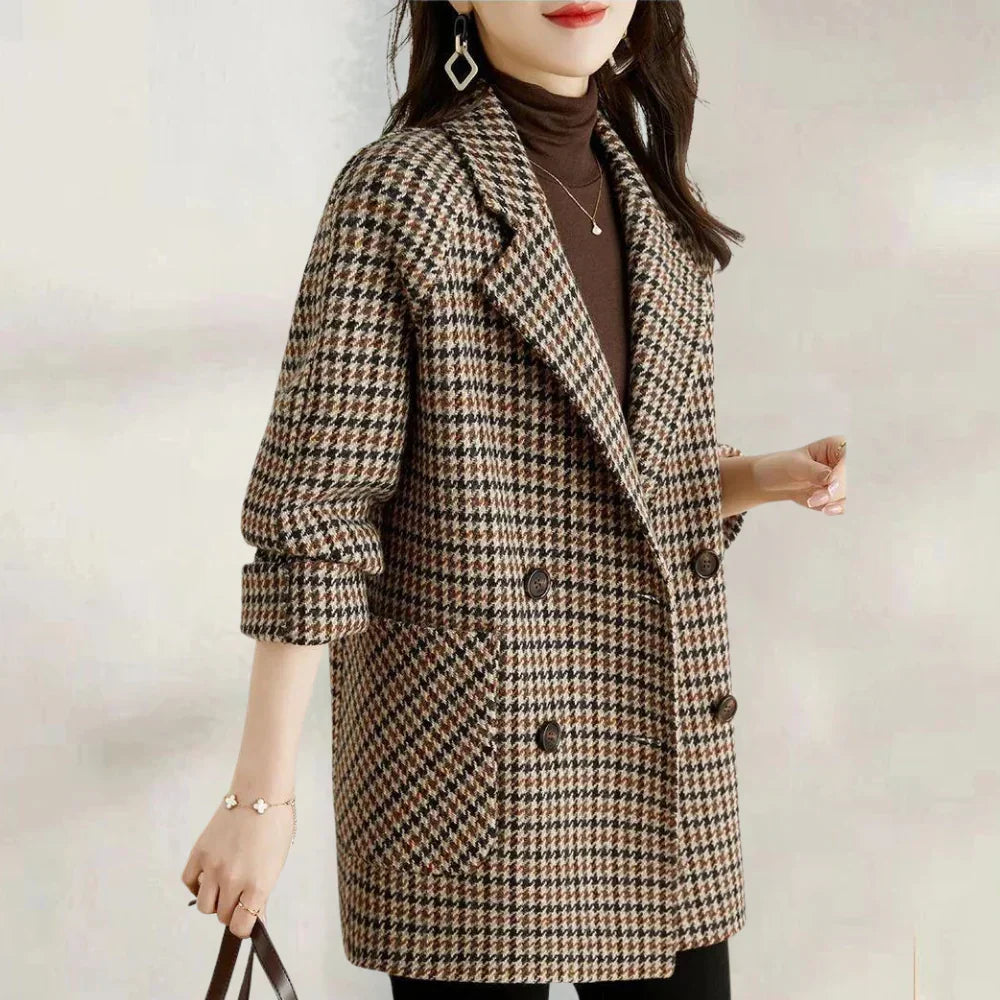 Clemency Hartwell | Houndstooth Pea Coat With Double-Breasted Design