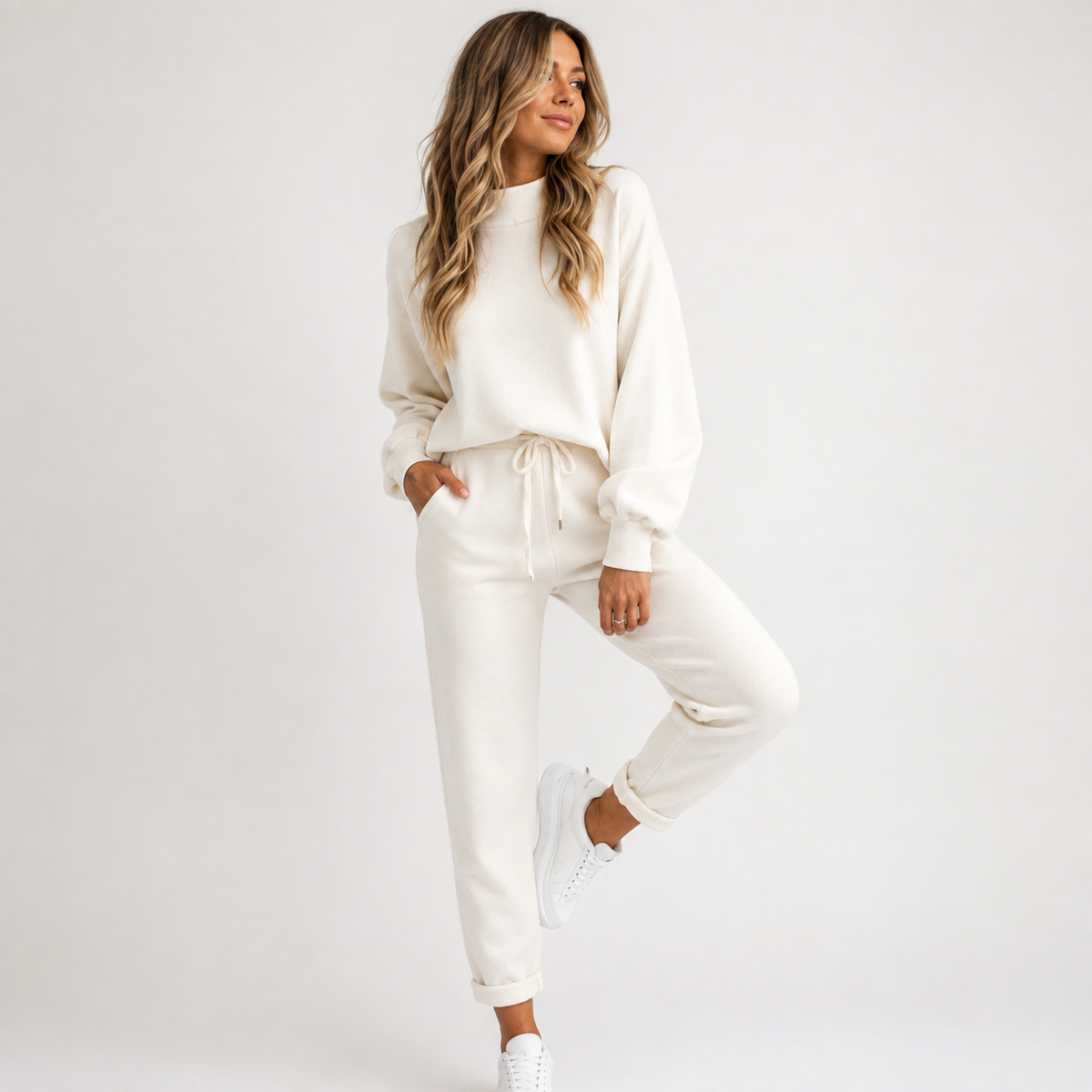 Felicity Ashworth | Cream Ribbed Knit Two-Piece Loungewear Set