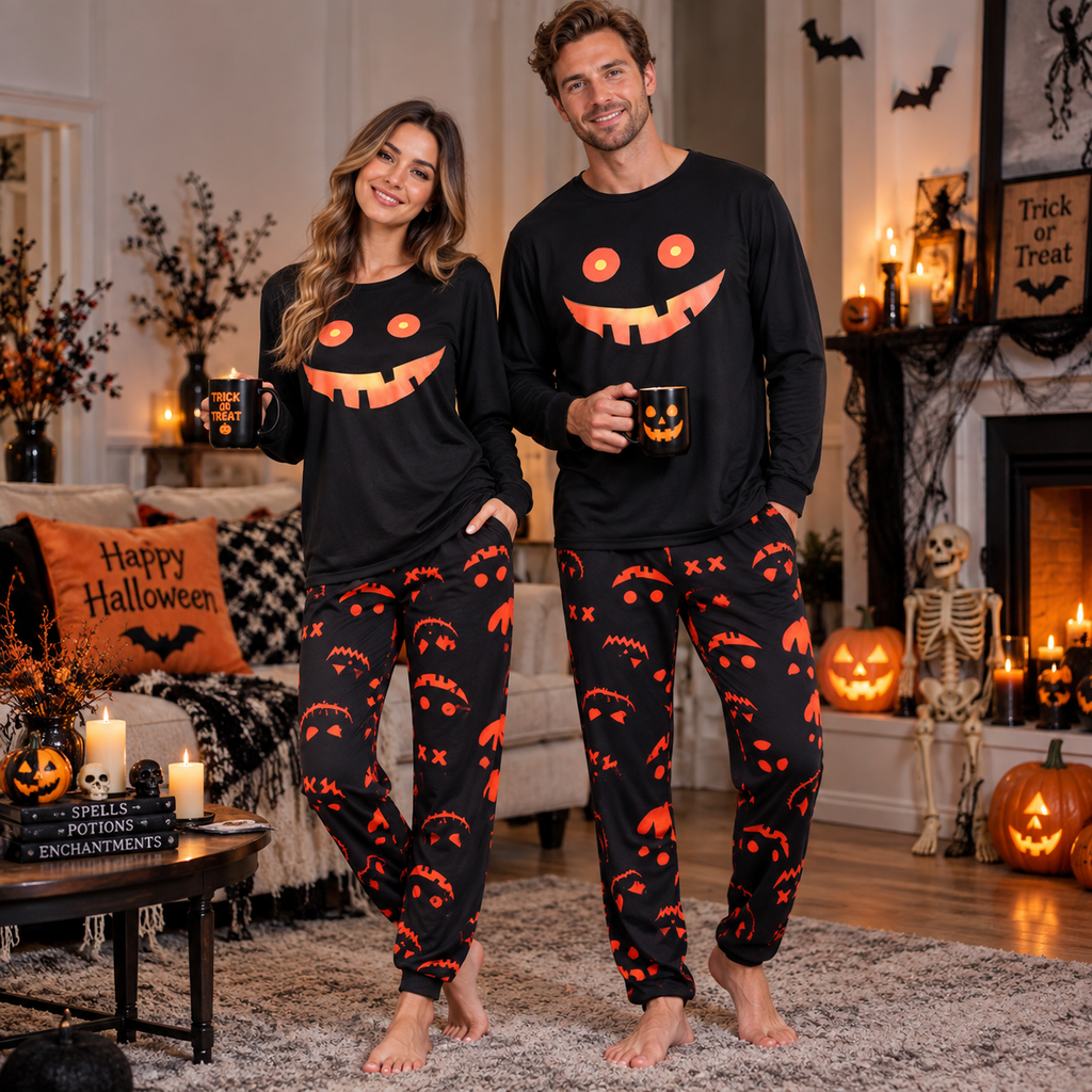 Freya Marsh | Pumpkin Print Halloween Pyjama Set For Couples