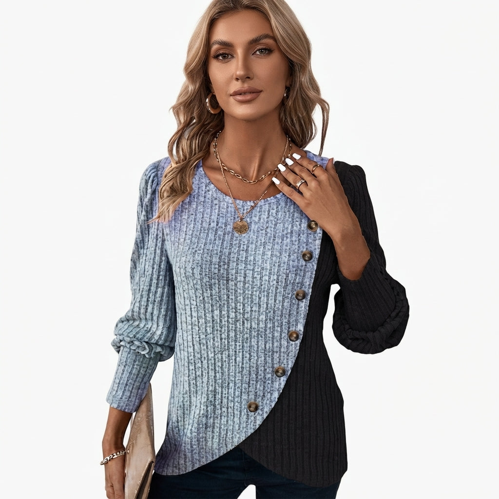 Freya Langton | Ribbed Colour Block Blouse With Button Trim