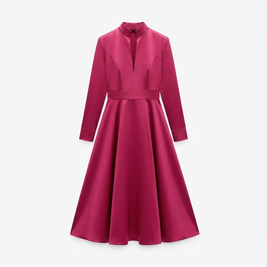 Genevieve Hartley | Magenta Satin Cocktail Dress With Mandarin Collar