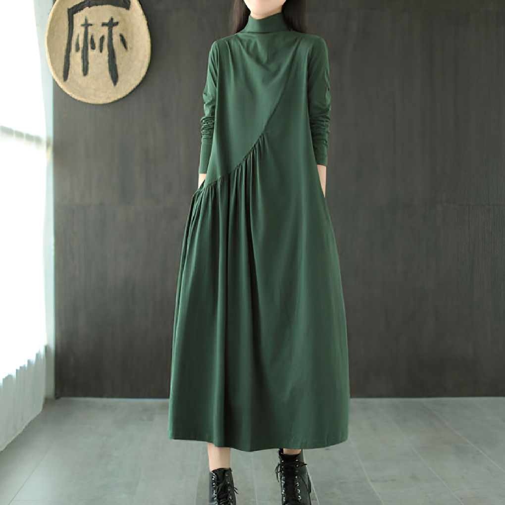 Penelope Harrison | Green Cotton Maxi Dress With Mock Neck