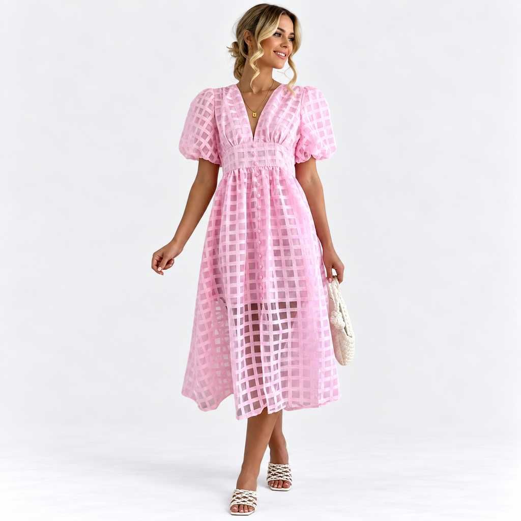 Harriet Colston | Sheer Checked Puff-Sleeve Midi Dress