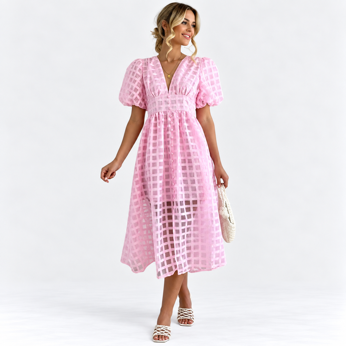 Harriet Colston | Sheer Checked Puff-Sleeve Midi Dress