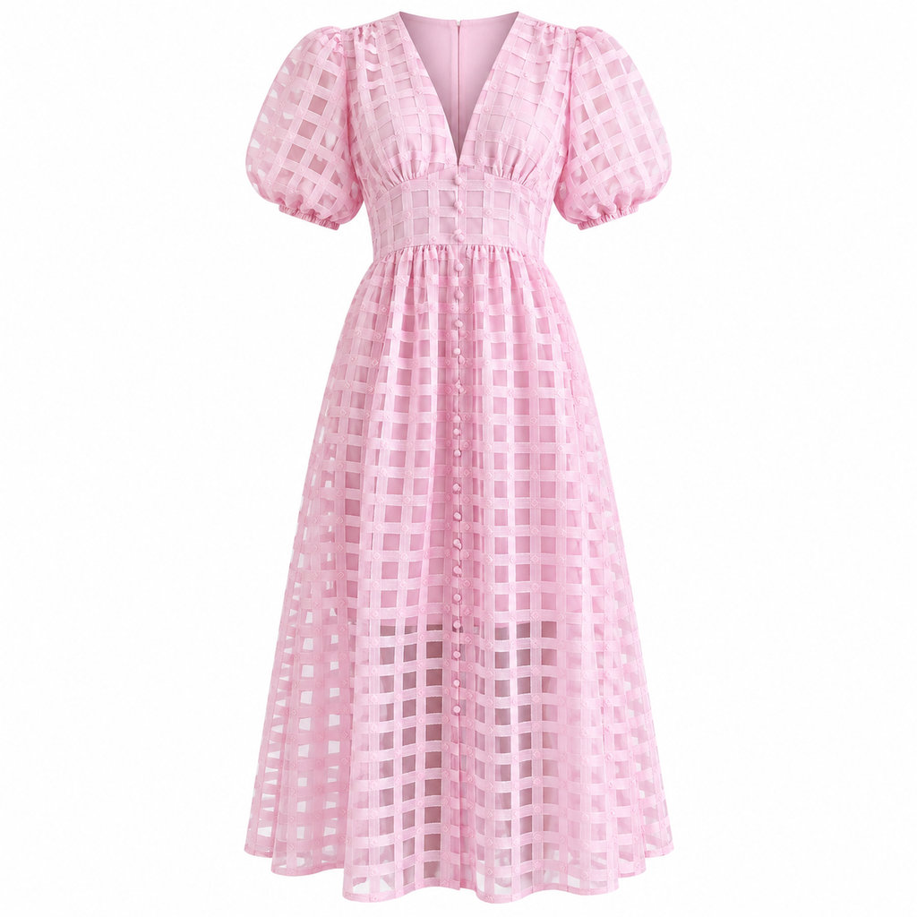 Harriet Colston | Sheer Checked Puff-Sleeve Midi Dress