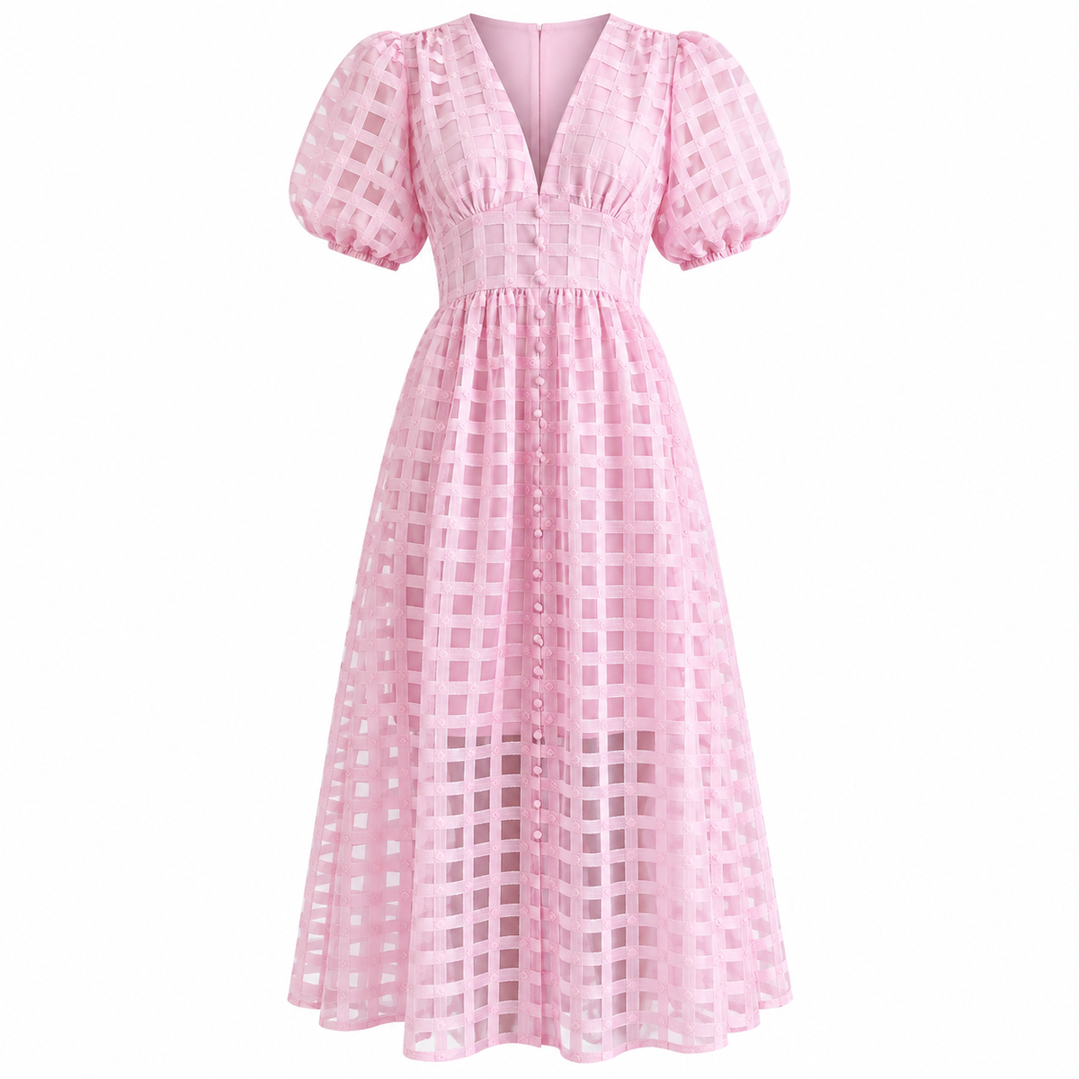 Harriet Colston | Sheer Checked Puff-Sleeve Midi Dress