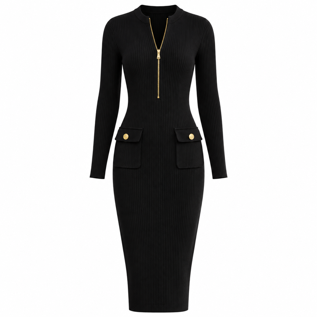 Hazel Pennington | Ribbed Knit Midi Dress With Zip Front
