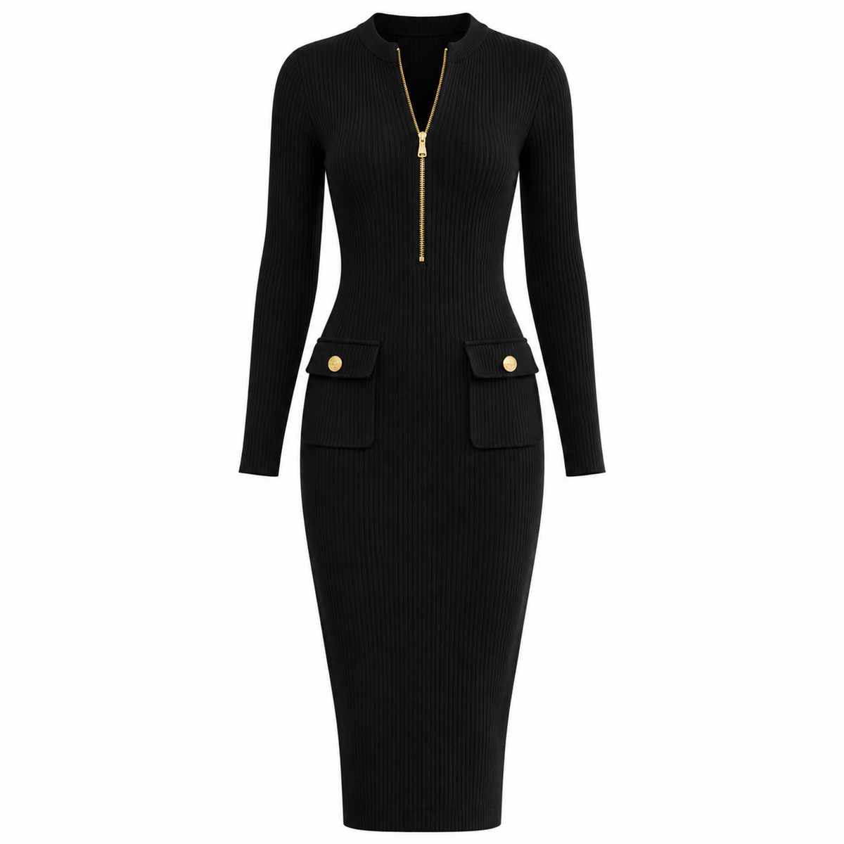 Hazel Pennington | Ribbed Knit Midi Dress With Zip Front