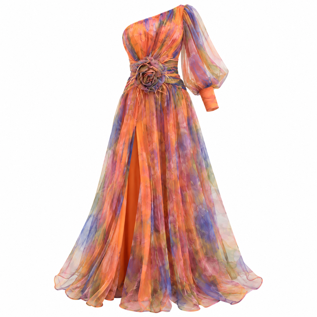 Isadora Blackwood | One-Shoulder Maxi Dress With Floral Appliqué