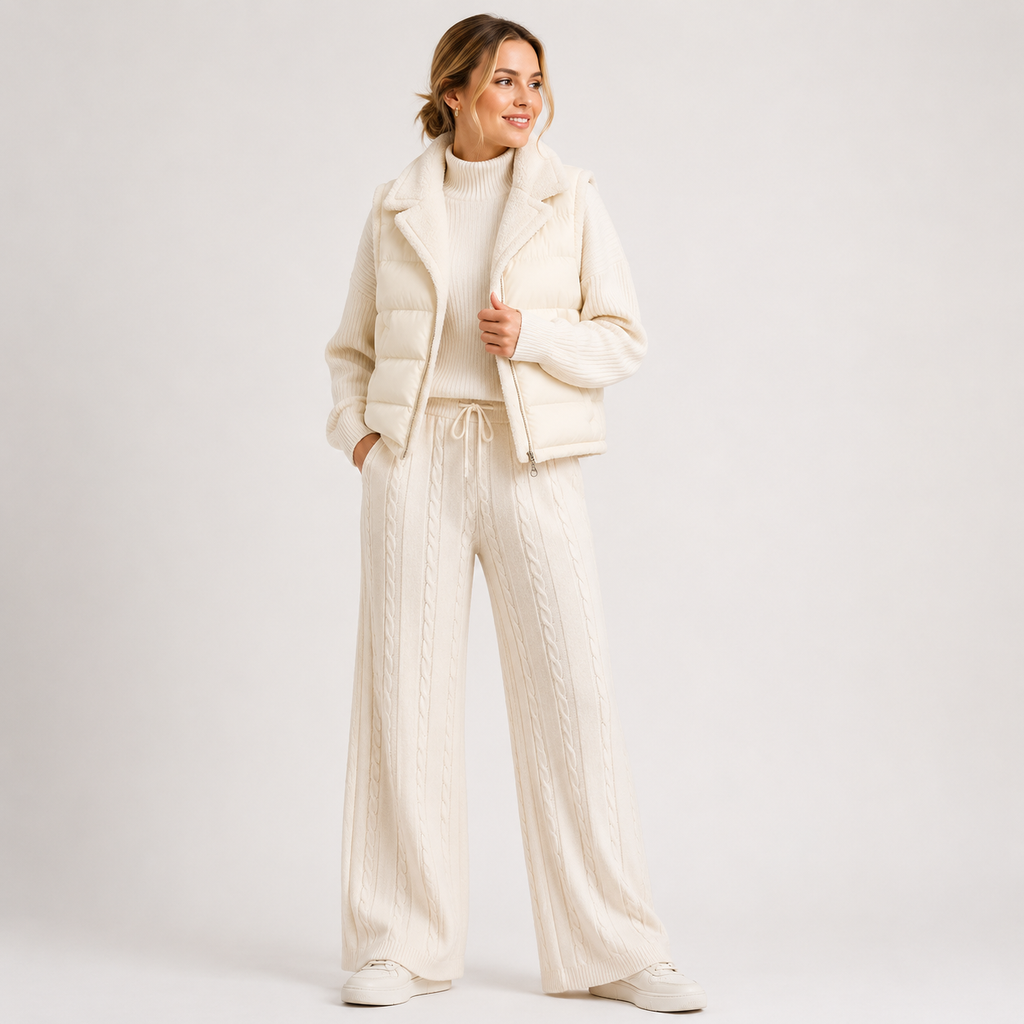 Isla Cooper | Cream Knit Turtleneck, Trousers & Padded Vest Set
