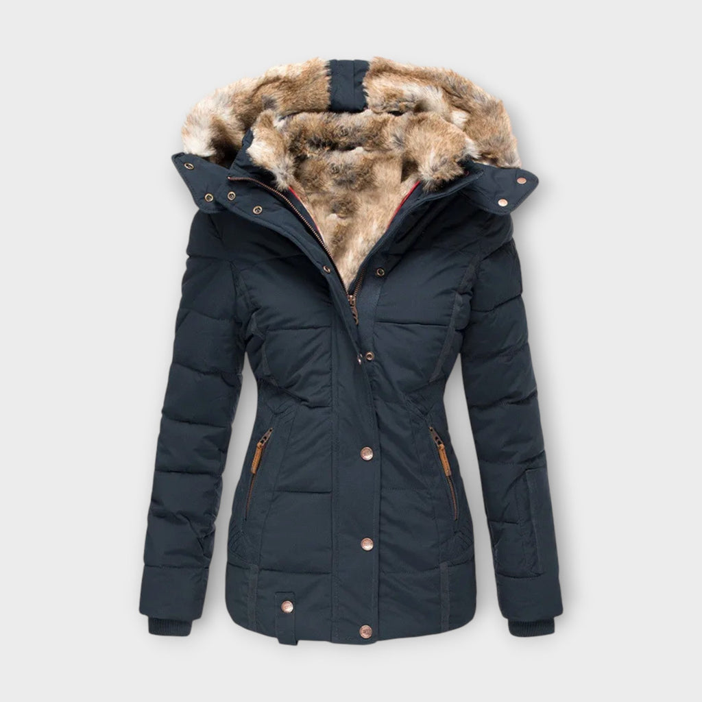 Women's Hooded Faux Fur-Lined Winter Jacket with Fitted Waist and Pockets