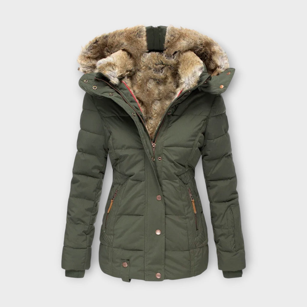 Women's Hooded Faux Fur-Lined Winter Jacket with Fitted Waist and Pockets