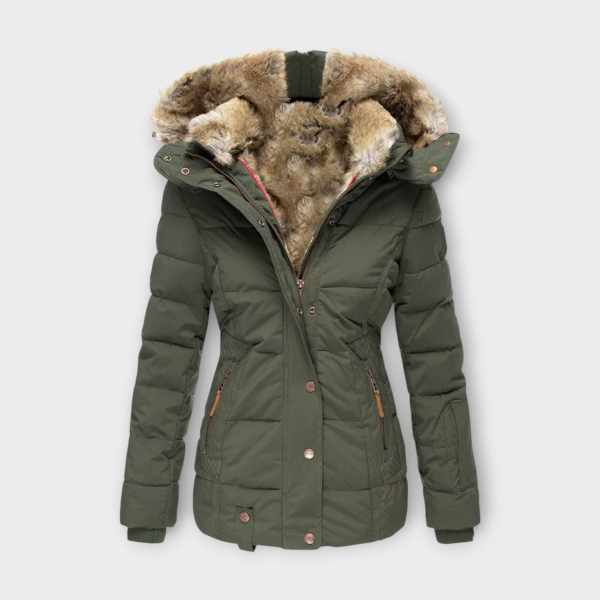 Women's Hooded Faux Fur-Lined Winter Jacket with Fitted Waist and Pockets