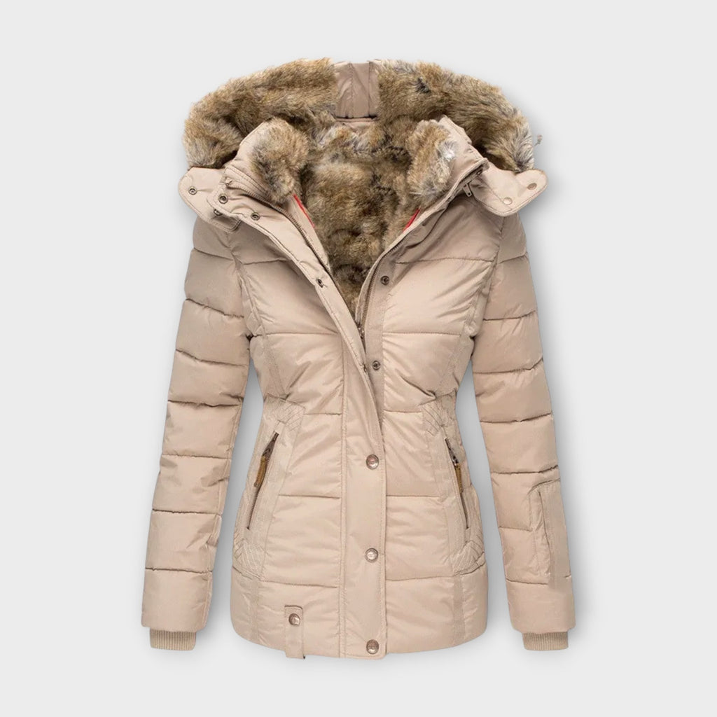 Women's Hooded Faux Fur-Lined Winter Jacket with Fitted Waist and Pockets