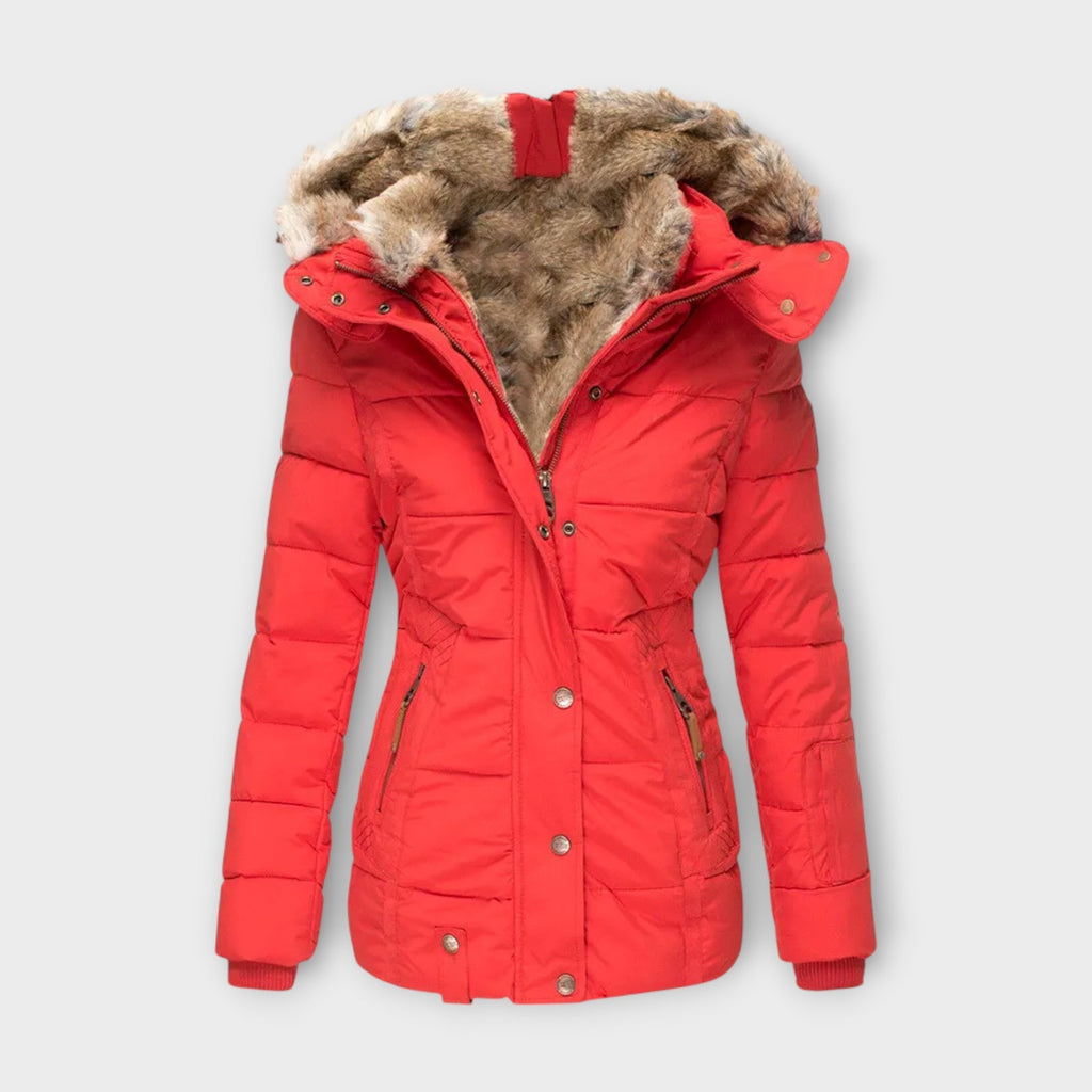 Women's Hooded Faux Fur-Lined Winter Jacket with Fitted Waist and Pockets