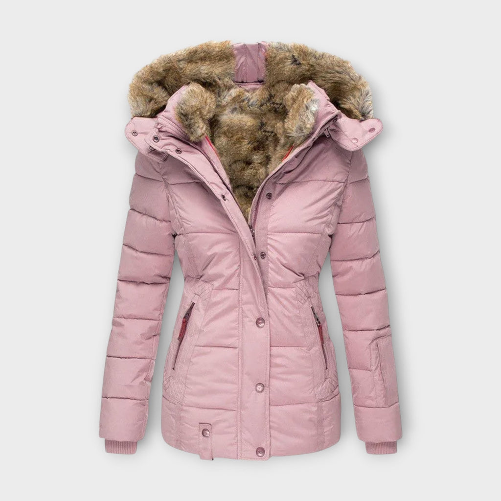 Women's Hooded Faux Fur-Lined Winter Jacket with Fitted Waist and Pockets