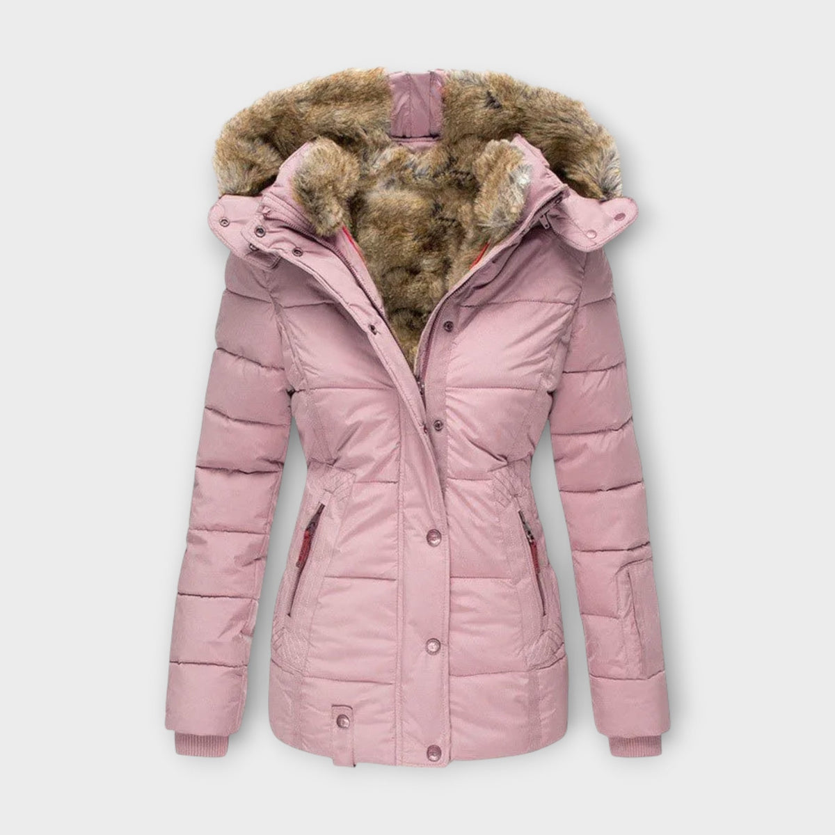Women's Hooded Faux Fur-Lined Winter Jacket with Fitted Waist and Pockets