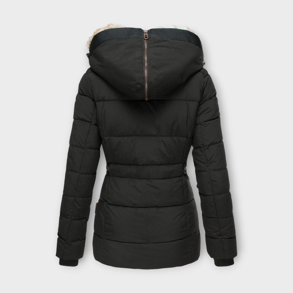 Women's Hooded Faux Fur-Lined Winter Jacket with Fitted Waist and Pockets
