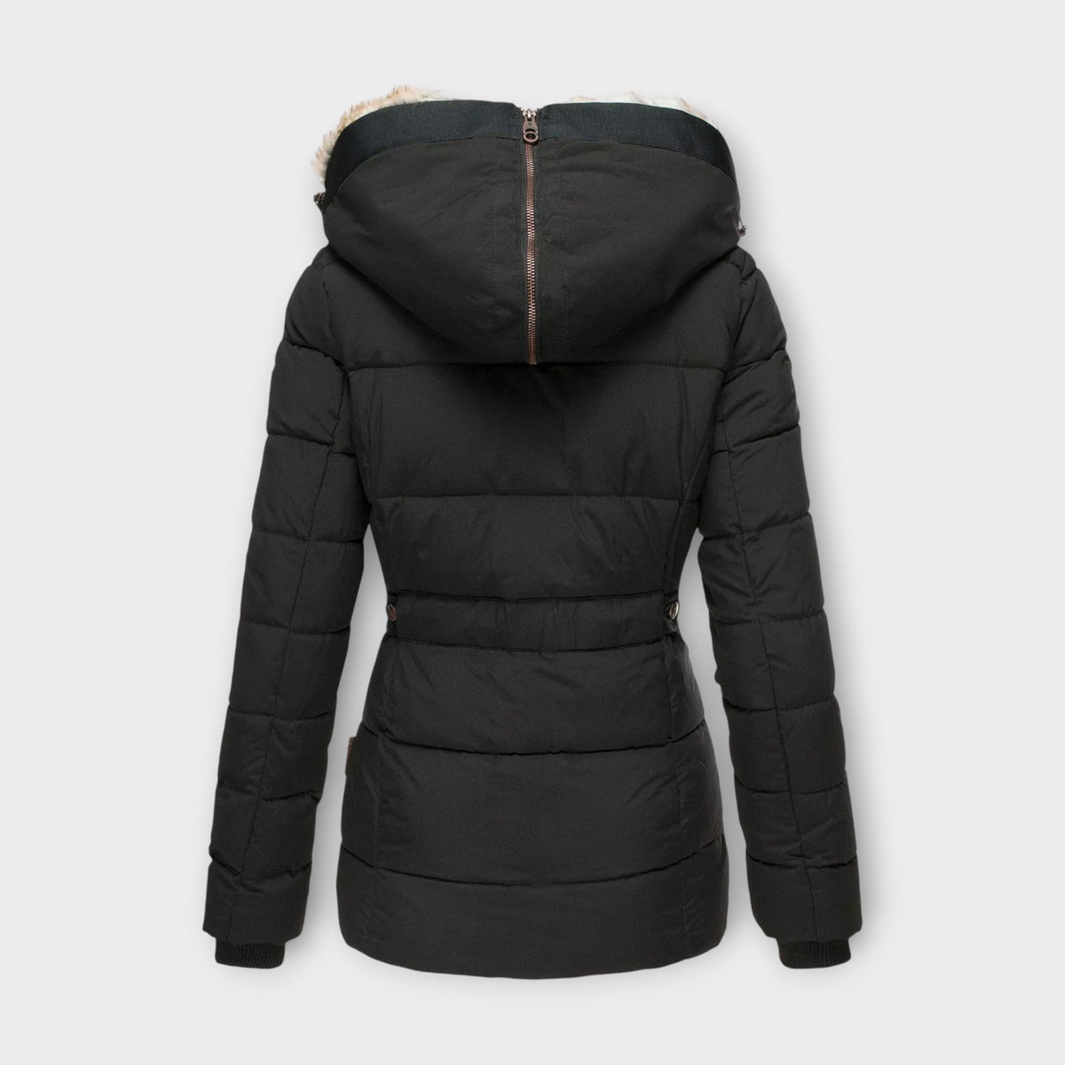 Women's Hooded Faux Fur-Lined Winter Jacket with Fitted Waist and Pockets