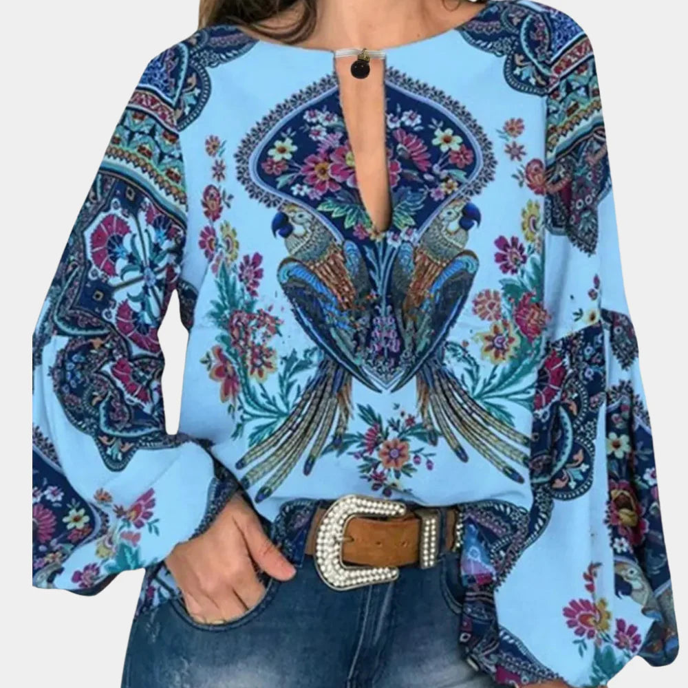 Phoebe Langtree | Bohemian Floral Print Blouse With Keyhole Neckline
