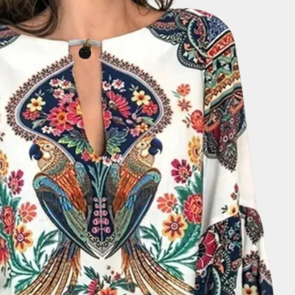 Phoebe Langtree | Bohemian Floral Print Blouse With Keyhole Neckline