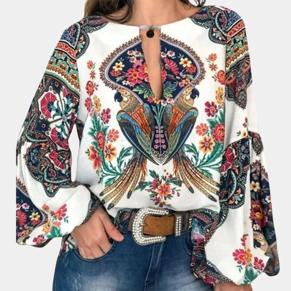 Phoebe Langtree | Bohemian Floral Print Blouse With Keyhole Neckline