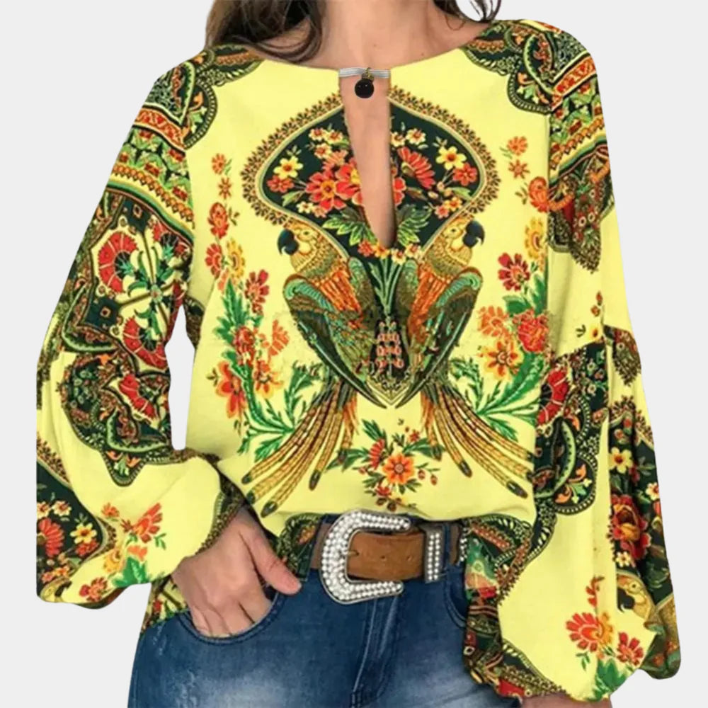 Phoebe Langtree | Bohemian Floral Print Blouse With Keyhole Neckline