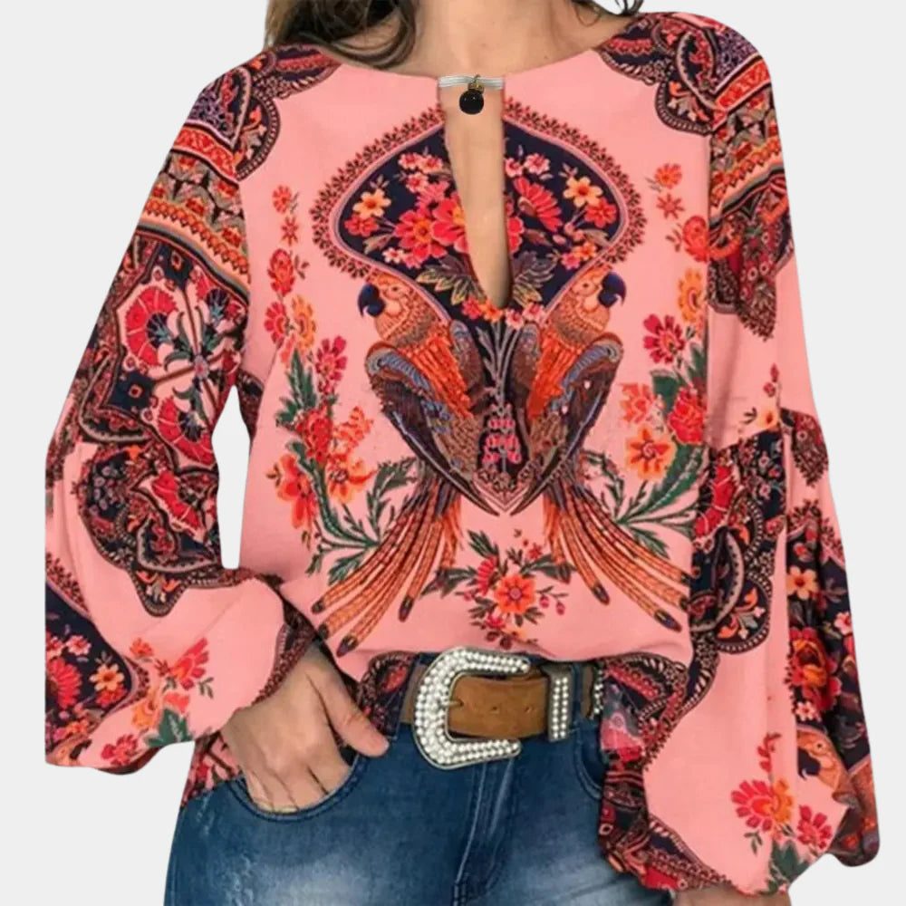 Phoebe Langtree | Bohemian Floral Print Blouse With Keyhole Neckline