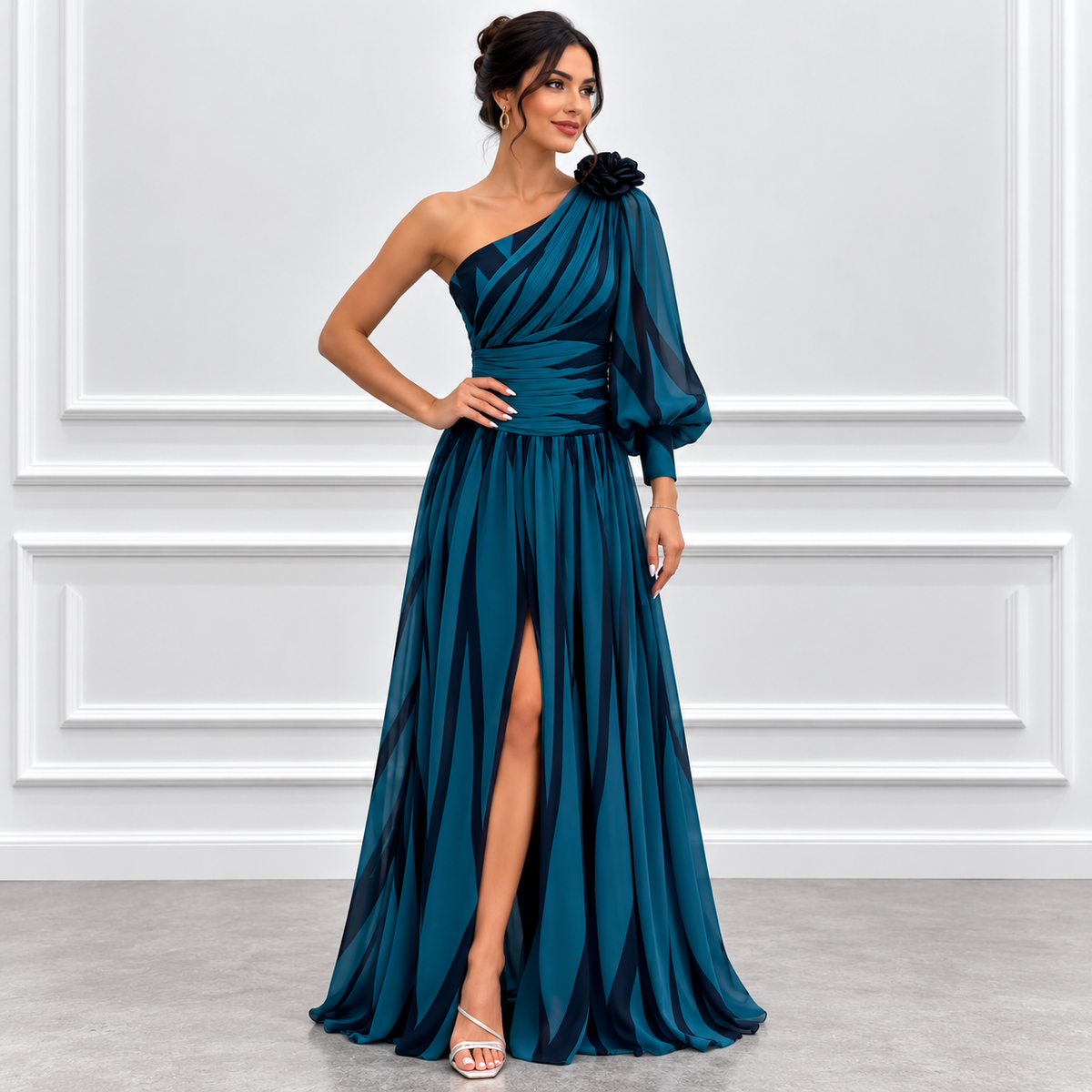 Margaux Sinclair | One-Shoulder Chevron Maxi Dress