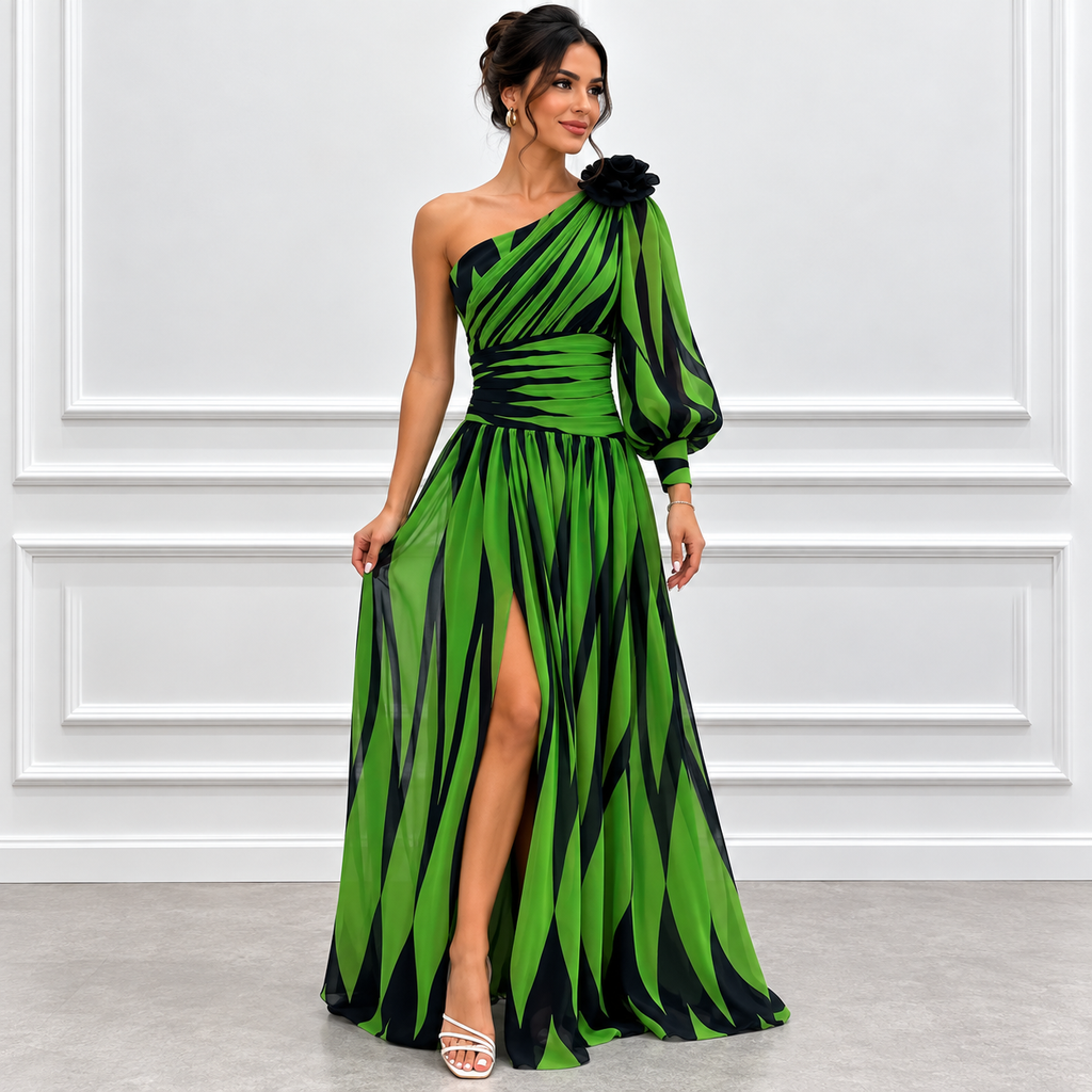 Margaux Sinclair | One-Shoulder Chevron Maxi Dress