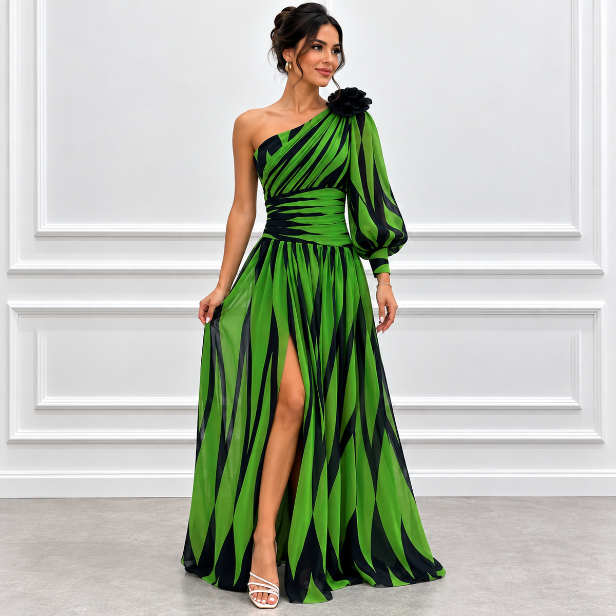 Margaux Sinclair | One-Shoulder Chevron Maxi Dress