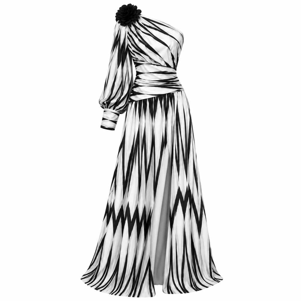 Margaux Sinclair | One-Shoulder Chevron Maxi Dress